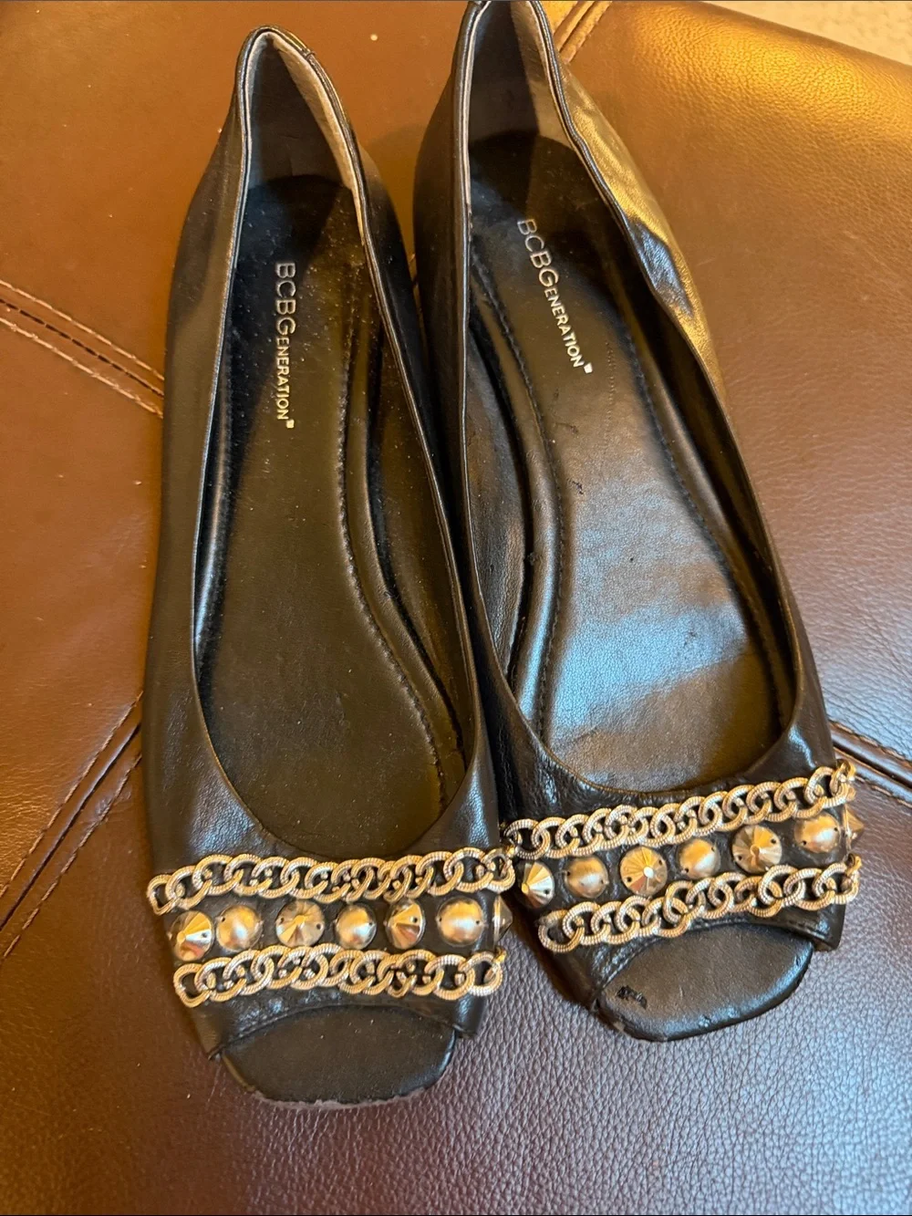 BCBG generation black peep toe flats